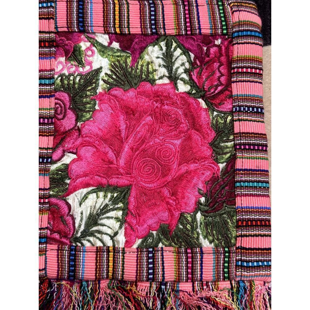 Pink Multicolor Flower Embroidery Fringe & Zip Closure Crossbody Bag 7.5" x 8.5" - Picture 2 of 5